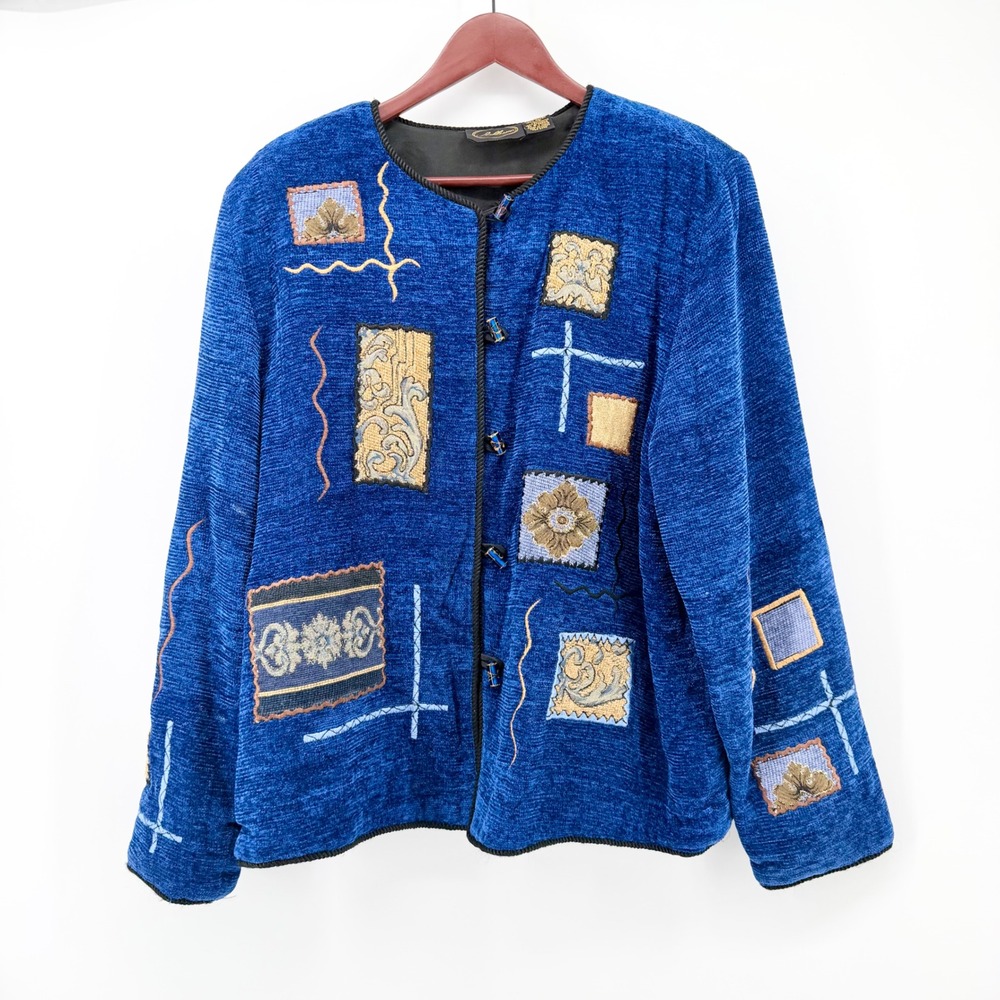 Allure Vintage Size L Patchwork Chenille Jacket Royal Blue Tapestry Embroidered